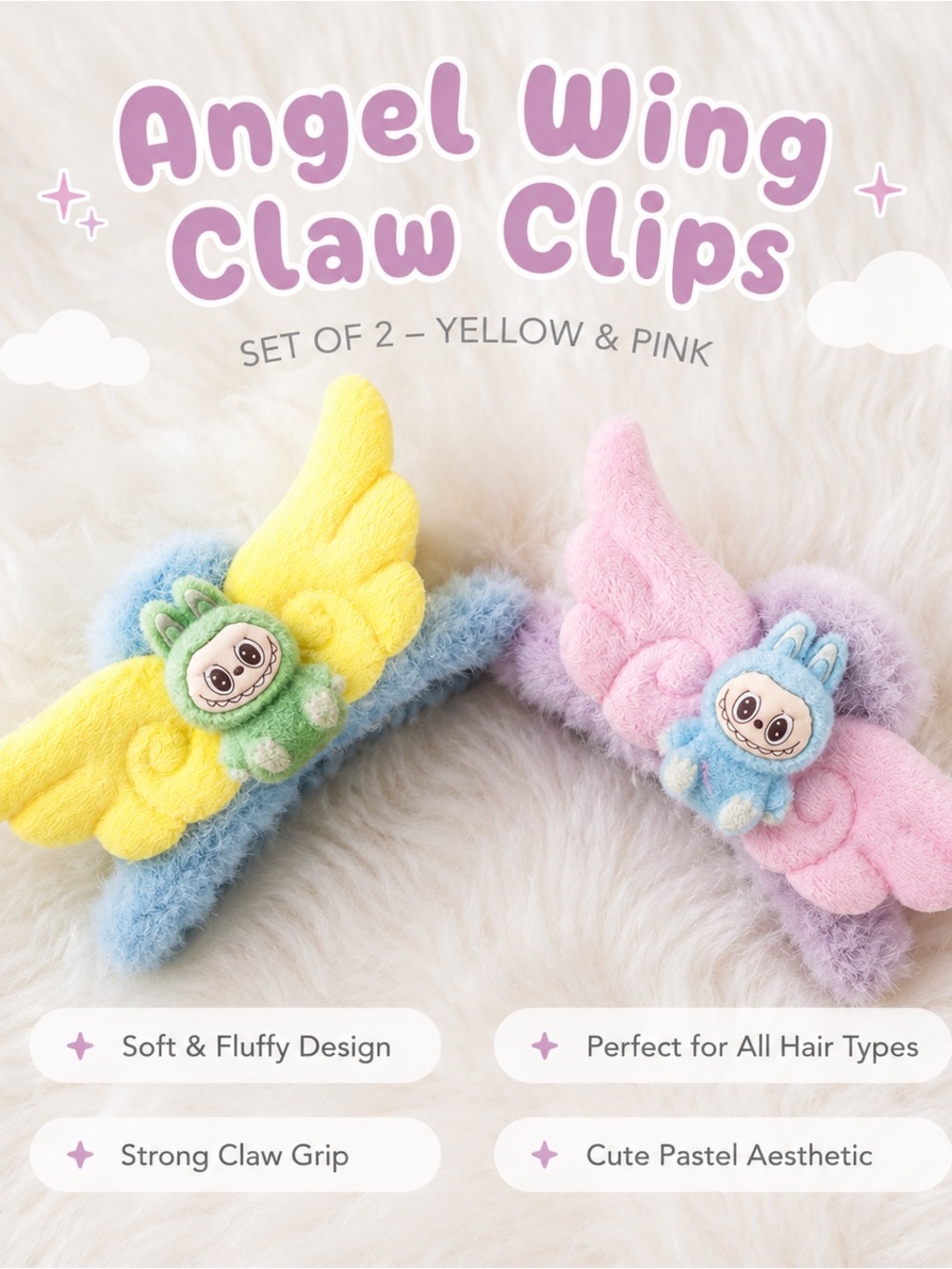 Angel Wing Claw Clips - Yellow & Pink Plush Set of 2